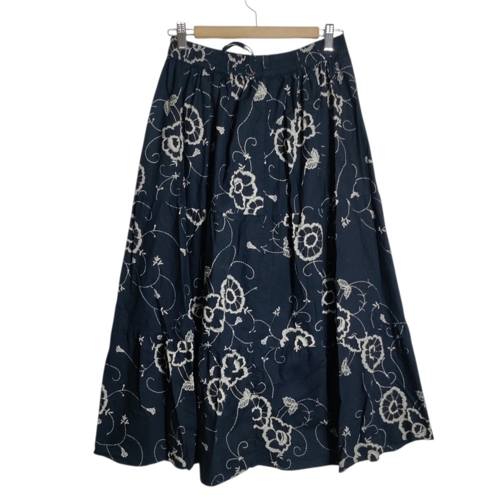 Studio West‎ Petite Navy Black Floral Embroidered Cotton Tiered Maxi Skirt PL
